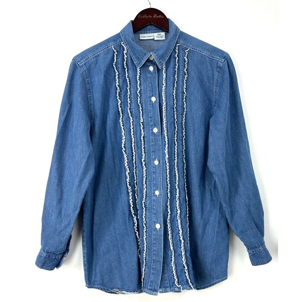 Cabin Creek Womens Button Up Shirt Long Sleeve Ruffle Chambray Sz L 1042E4